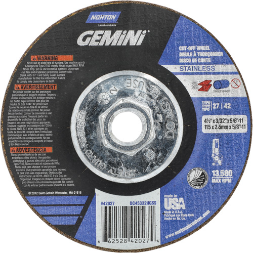 Gemini INOX/SS Right Angle Cut-Off Wheel, 4-1/2" x 3/32", 5/8"-11 Arbor, Type 27/42, Aluminum Oxide, 13580 RPM PB Rental Co. Ltd.