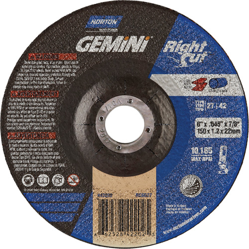 Gemini RightCut Right Angle Cut-Off Wheel, 6" x 0.045", 7/8" Arbor, Type 27/42, Aluminum Oxide, 10185 RPM PB Rental Co. Ltd.