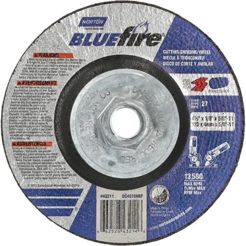 Disque de meulage et tronçonnage BlueFire, 4-1/2" x 1/8", Arbre de 5/8"-11, Type 27, Alumine de zirconium PB Rental Co. Ltd.