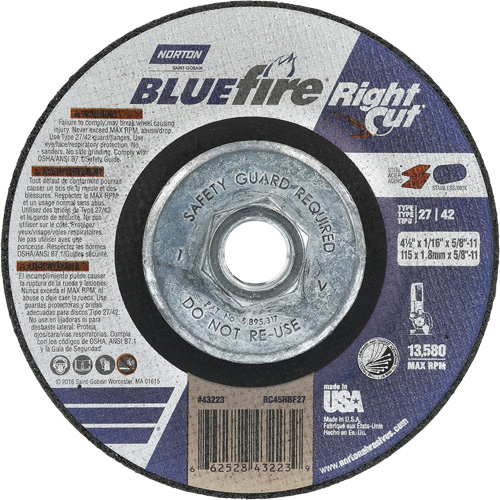 BlueFire RightCut Right Angle Cut-Off Wheel, 4-1/2" x 1/16", 5/8"-11 Arbor, Type 27/42, Aluminum Oxide, 13580 RPM PB Rental Co. Ltd.