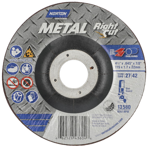 Metal RightCut Right Angle Cut-Off Wheel, 4-1/2" x 0.045", 7/8" Arbor, Type 27, Aluminum Oxide, 13580 RPM PB Rental Co. Ltd.