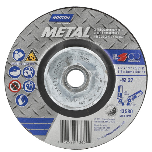 Metal Grinding & Cutting Wheel, 4-1/2" x 1/8", 5/8"-11 Arbor, Type 27, Aluminum Oxide PB Rental Co. Ltd.