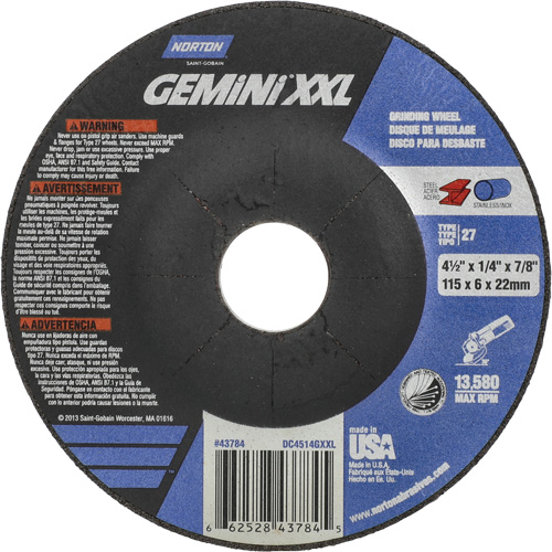 Meule XXL Gemini, 4-1/2" x 1/4", Arbre 7/8", Oxyde d'aluminium, Type 27 PB Rental Co. Ltd.
