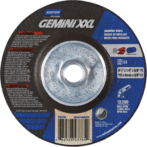 Gemini XXL Grinding Wheel, 4-1/2" x 1/4", 5/8"-11 Arbor, Aluminum Oxide, Type 27 PB Rental Co. Ltd.