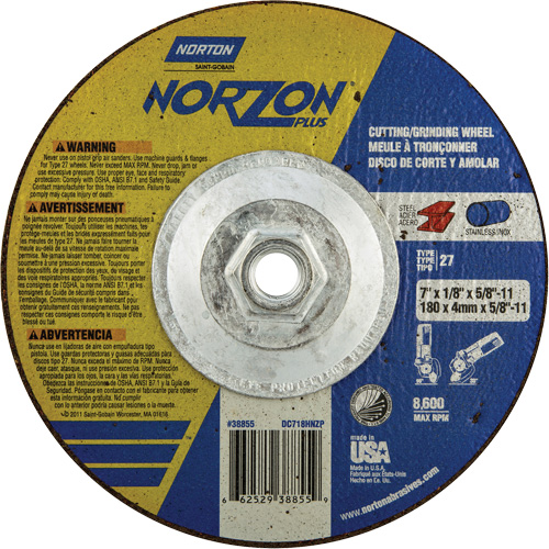 Disque de meulage et tronçonnage NorZon Plus SGZ, 7" x 1/8", Arbre de 5/8"-11, Type 27, C&eacute;ramique d'alumine PB Rental Co. Ltd.