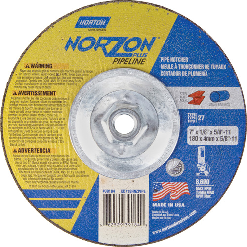 Meule &agrave; tronçonner &agrave; angle droit NorZon Plus SGZ, 7" x 1/8", Arbre de 5/8"-11, Type 27/42, C&eacute;ramique d'alumine, 8600 Tr/min PB Rental Co. Ltd.