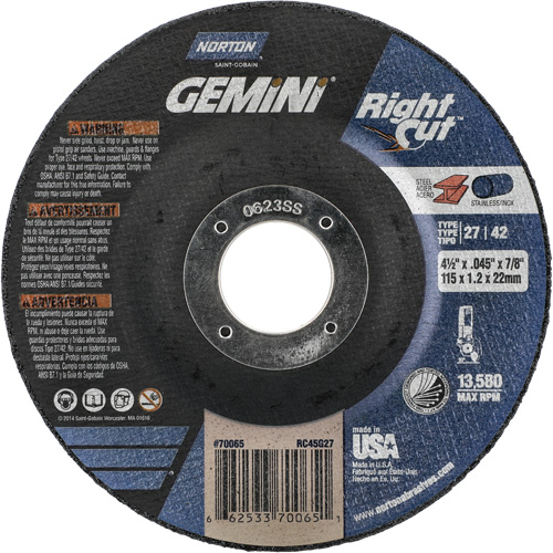 Meule &agrave; tronçonner pour coupe &agrave; angle droit RightCut Gemini, 4-1/2" x 0,045", Arbre de 7/8", Type 27/42, Oxyde d'aluminium, 13580 Tr/min PB Rental Co. Ltd.
