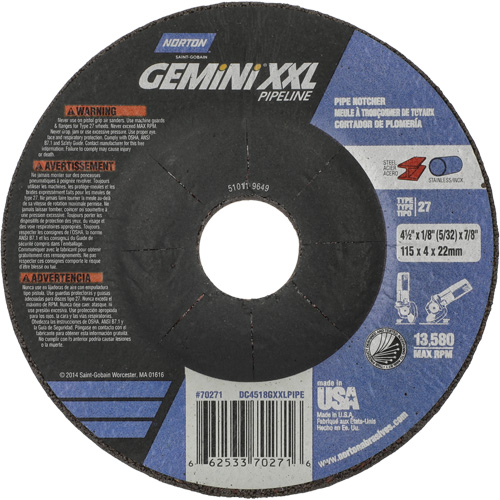 Disque combin&eacute; de meulage et tronçonnage Gemini XXL, 4-1/2" x 1/8", Arbre de 7/8", Type 27, Oxyde d'aluminium PB Rental Co. Ltd.