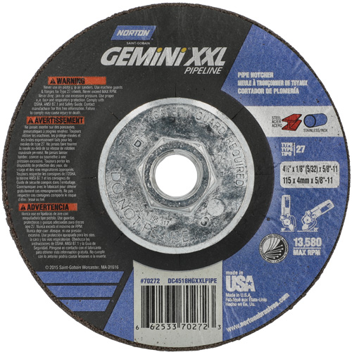 Disque combin&eacute; de meulage et tronçonnage Gemini XXL, 4-1/2" x 1/8", Arbre de 5/8"-11, Type 27, Oxyde d'aluminium PB Rental Co. Ltd.