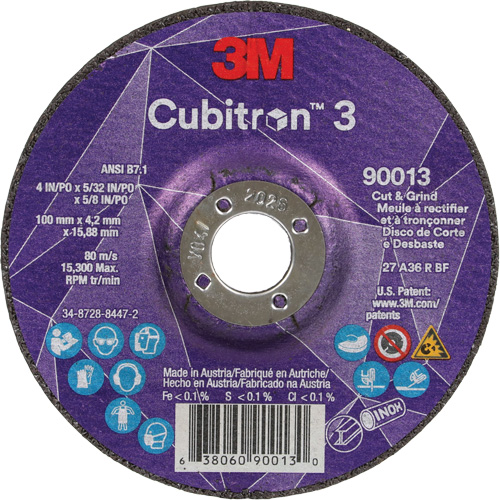 Meule &agrave; tronçonner Cubitron 3, 4" x 39/250", Arbre de 5/8", Type 27, Grain de 36, C&eacute;ramique PB Rental Co. Ltd.