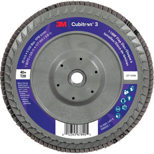 Disque &agrave; lamelles conique 1169F Cubitron 3 &agrave; changement rapide, 7" x 5/8"-11, Type T29, Grain 40+, C&eacute;ramique PB Rental Co. Ltd.