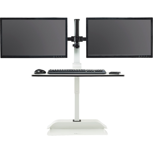 Bureau &eacute;lectrique assis/debout Soar avec bras d&eacute;cran double, Mod&egrave;le de bureau, 37-1/4" h x 27-3/4" la x 22" p, Blanc PB Rental Co. Ltd.