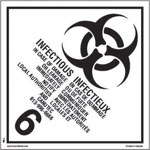 &eacute;tiquettes d'exp&eacute;dition TMD, Classe 6,2, Substances infectieuses, Vinyle PB Rental Co. Ltd.