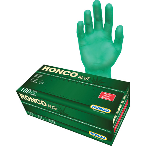 Gants jetables avec alo&egrave;s, Moyen, Vinyle, 5 mils, Sans poudre, Vert PB Rental Co. Ltd.