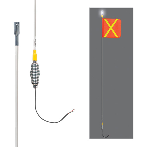 Tiges de s&eacute;curit&eacute; tout-temps de s&eacute;rie lourde avec lumi&egrave;re DEL constante Safety Whip, Fixation Ressort, Hauteur 10', Orange avec X r&eacute;fl&eacute;chissant PB Rental Co. Ltd.