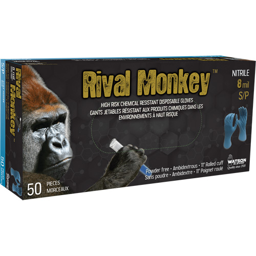 Gants jetables r&eacute;sistants aux produits chimiques &agrave; haut risque Rival Monkey, Moyen, Nitrile, 8 mils, Sans poudre, Bleu PB Rental Co. Ltd.