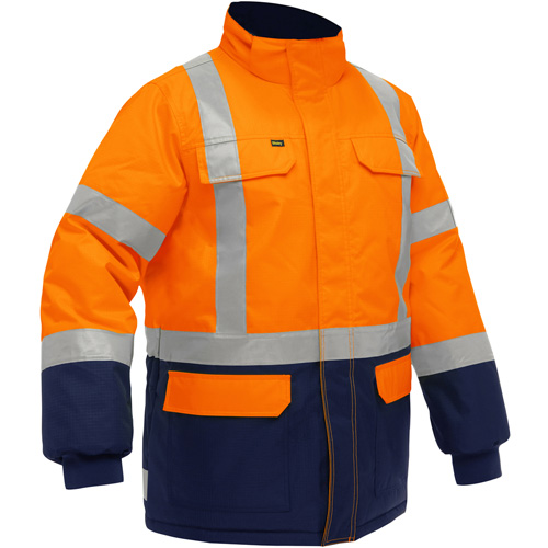 Manteau pour le froid extr&ecirc;me avec bas bleu marin et X au dos Bisley, Polyester, Orange haute visibilit&eacute;, 4T-Grand PB Rental Co. Ltd.