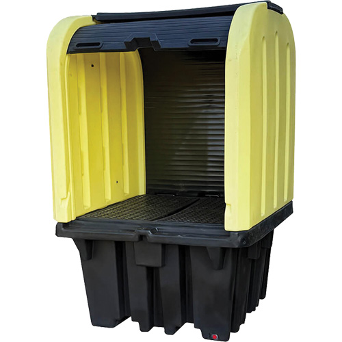 Yellow Roll Top Hardcover Spill Pallet with Drain, 65" L x 65" W x 101" H, 5000 lbs. Load Capacity PB Rental Co. Ltd.