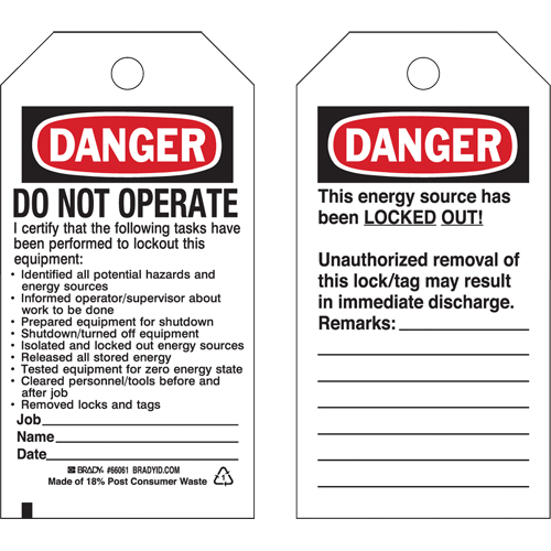 &eacute;tiquettes de verrouillage, Plastique, 3" la x 5-3/4" h, Anglais PB Rental Co. Ltd.