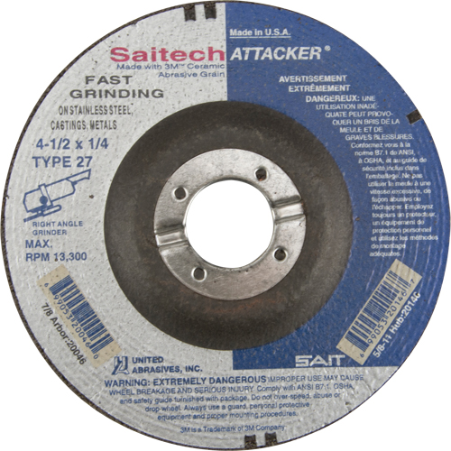 Meule rapide Saitech Attacker, 4-1/2" x 1/4", Arbre 7/8", Oxyde d'aluminium/C&eacute;ramique, Type 27 PB Rental Co. Ltd.