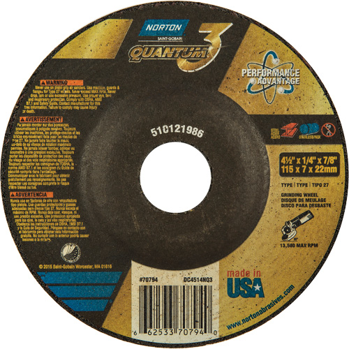 Quantum3 Grinding Wheel, 4-1/2" x 1/4", 7/8" Arbor, Ceramic Alumina, Type 27 PB Rental Co. Ltd.