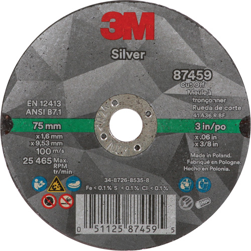Meule &agrave; tronçonner Silver, 3" x 0,06", Arbre de 3/8"-24, Type 1, C&eacute;ramique, 25645 Tr/min PB Rental Co. Ltd.