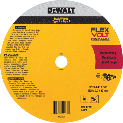 Meule de tronçonnage des m&eacute;taux FlexVolt, 9-1/16" x 0,078", Arbre 22,23 mm, C&eacute;ramique, Type 1 PB Rental Co. Ltd.