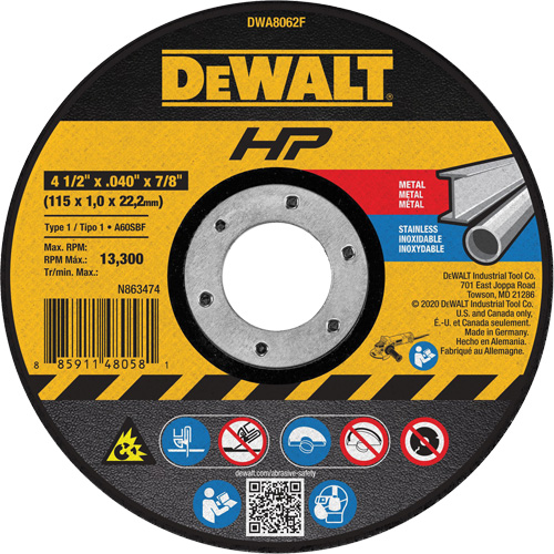 HP Metal Cut-Off Wheel, 4-1/2" x 0.04", 7/8" Arbor, Type 1, Aluminum Oxide, 13300 RPM PB Rental Co. Ltd.
