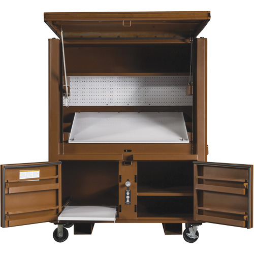 Coffre de chantier et surface de travail sur le terrain, 33" la x 63" p x 80" h, Acier, Rouge PB Rental Co. Ltd.