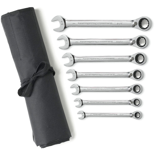Jeu de cl&eacute;s &agrave; cliquets r&eacute;versibles SAE &agrave; 12 pans et 72 dents avec pochette &agrave; outils enroulable, Combinaison, 7 morceaux, Imp&eacute;rial PB Rental Co. Ltd.
