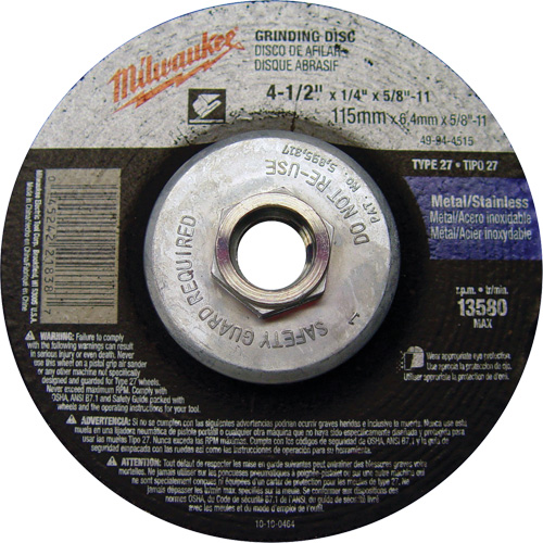 Grinding Wheel, 4-1/2" x 1/4", 5/8"-11 Arbor, Aluminum Oxide, Type 27 PB Rental Co. Ltd.