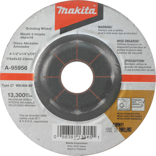 INOX Grinding Wheel, 4-1/2" x 1/4", 7/8" Arbor, Aluminum Oxide, Type 27 PB Rental Co. Ltd.