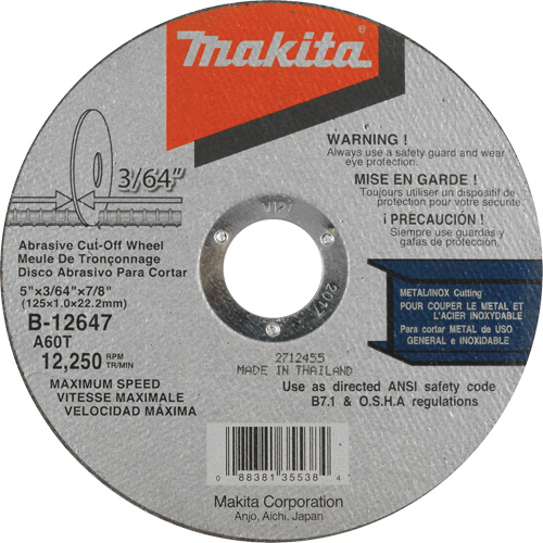 Thin Kerf Cut-Off Wheel, 5" x 3/64", 7/8" Arbor, Type 1, Aluminum Oxide, 12250 RPM PB Rental Co. Ltd.