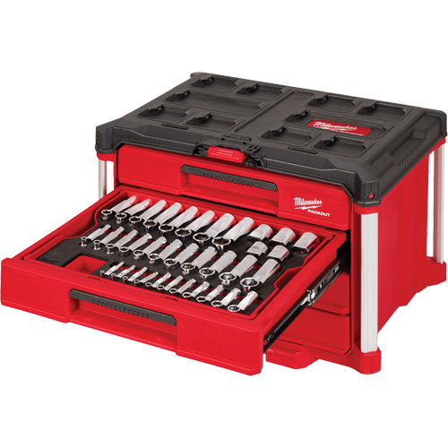 242-Piece 1/4”, 3/8” & 1/2” Drive Metric & SAE Ratchet & Socket Set with PACKOUT 4-Drawer Tool Box, 16-3/10" x 22-1/5" x 14-3/10", Black/Red PB Rental Co. Ltd.