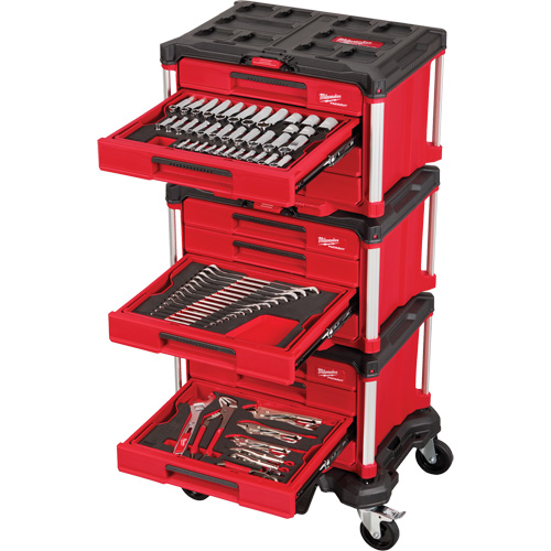 Ensemble maître de 366 outils &agrave; main pour m&eacute;caniciens avec tiroirs PACKOUT et diable, 16-3/10" x 22-1/5" x 48-5/8", Noir/Rouge PB Rental Co. Ltd.