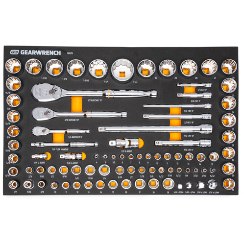 Jeu d'outils SAE/m&eacute;triques pour m&eacute;canicien &agrave; 90 dents 1/4", 3/8" & 1/2" avec plateau de rangement en mousse PB Rental Co. Ltd.