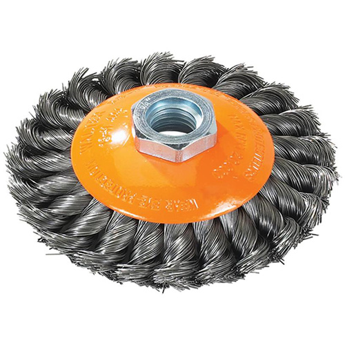 Brosse concave &agrave; fils nou&eacute;s torsad&eacute;s, Dia. 7", Fils 0,02", Arbre 5/8"-11, Acier PB Rental Co. Ltd.