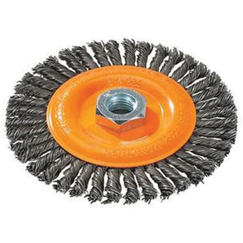 Brosse &agrave; fils nou&eacute;s pour cordons de soudure, Dia. 4", Fils 0,02", Arbre 5/8"-11, Acier PB Rental Co. Ltd.