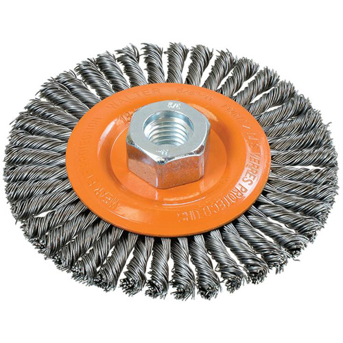 Brosse &agrave; fils nou&eacute;s pour cordons de soudure, Dia. 4-1/2", Fils 0,02", Arbre 5/8"-11, Acier PB Rental Co. Ltd.