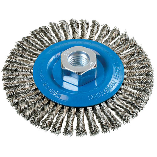 Brosse &agrave; fils nou&eacute;s pour cordons de soudure, Dia. 4-1/2", Fils 0,02", Arbre 5/8"-11, Aluminium/Acier inoxydable PB Rental Co. Ltd.