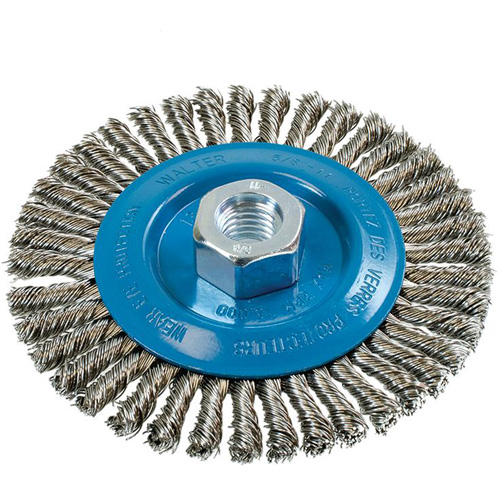 Brosse &agrave; fils &eacute;troits nou&eacute;s et torsad&eacute;s, Dia. 5", Fils 0,02", Arbre 5/8"-11, Aluminium/Acier inoxydable PB Rental Co. Ltd.