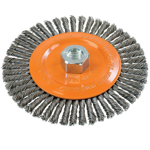 Brosse &agrave; fils nou&eacute;s pour cordons de soudure, Dia. 6", Fils 0,02", Arbre 5/8"-11, Acier PB Rental Co. Ltd.