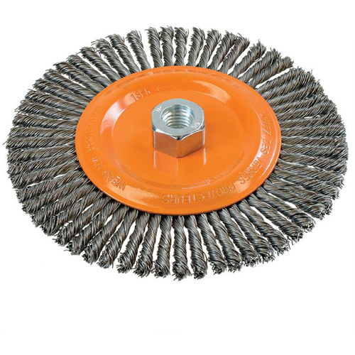 Brosse &agrave; fils nou&eacute;s pour cordons de soudure, Dia. 6-7/8'', Fils 0,02", Arbre 5/8"-11, Acier PB Rental Co. Ltd.