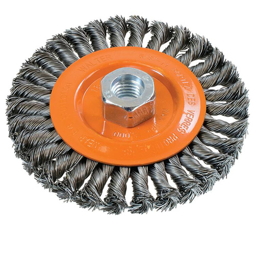 Brosse rotative &agrave; fils nou&eacute;s large, Dia. 5", Fils 0,02", Arbre 5/8"-11, Acier PB Rental Co. Ltd.