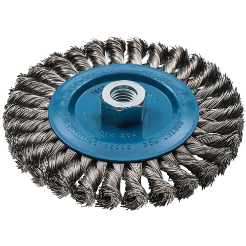 Brosse rotative &agrave; fils nou&eacute;s large, Dia. 6", Fils 0,02", Arbre 5/8"-11, Aluminium/Acier inoxydable PB Rental Co. Ltd.