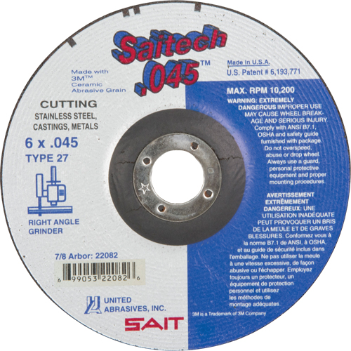 Cut-Off Wheel, 6" x 0.045", 7/8" Arbor, Type 27, Aluminum Oxide/Ceramic, 10200 RPM PB Rental Co. Ltd.