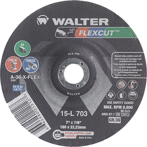Flexcut Depressed Centre Grinding Wheels, 7", 36 Grit, Aluminum Oxide, 7/8", 8600 RPM, Type 29 PB Rental Co. Ltd.