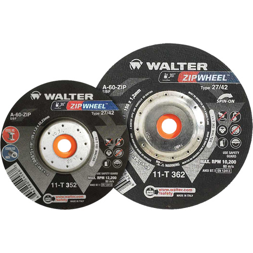 Meules &agrave; tronçonner renforc&eacute;es Zipcut vissables pour scies circulaires, 5" x 7/8", Arbre de 5/8"-11, Type 27, Oxyde d'aluminium, 12 200 Tr/min PB Rental Co. Ltd.