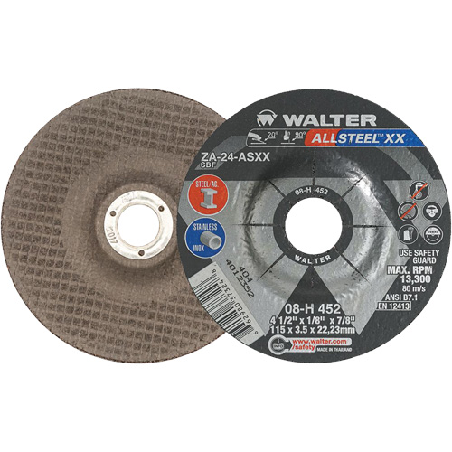Meules &agrave; moyeu d&eacute;port&eacute; Allsteel XX, 4-1/2" x 1/8", Arbre de 7/8", Type 27, Alumine de zirconium, 13 300 Tr/min PB Rental Co. Ltd.