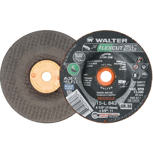 FLEXCUT MILL SCALE Grinding Wheel, 4-1/2", 36 Grit, Aluminum Oxide, 5/8"-11, 13300 RPM, Type 29 PB Rental Co. Ltd.